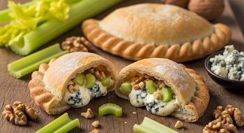 Dos empanadas de Roquefort, apio y nuez en tabla de madera. Una cortada muestra relleno cremoso. Apio fresco, nueces y queso desmenuzado completan la escena.