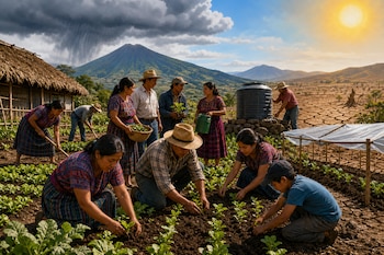 Varias personas con trajes tradicionales siembran plantas en un huerto cerca de una choza, con montañas y un terreno seco al fondo.