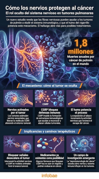 Infografía médica de los pulmones con un tumor, red nerviosa y células inmunes, explicando cómo los nervios y el tabaco influyen en el cáncer.