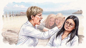 Ilustración en acuarela de una mujer gritando con la mano alzada frente a otra mujer con gafas, con un muelle y un lago al fondo.