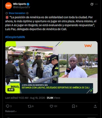 Luis Paz confirmó la posición del Amértica de Cali sobre no jugar en el Pascual Guerrero-crédito @WinSportsTV/X