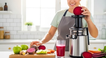 Mujer colocando rodaja de remolacha en extractor de jugos, con vaso de jugo, manzanas verdes, jengibre, remolachas y zanahorias en tabla de madera.