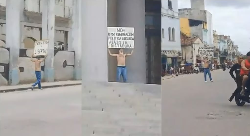 Un hombre fue detenido en la escalinata del Capitolio de La Habana tras exhibir un cartel contra la discriminación política. (Imagen retomada de Martí Noticias)