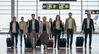 Ocho personas, entre hombres y mujeres de diversas edades, caminan con maletas de viaje por el interior de un aeropuerto moderno.