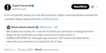 El periodista Daniel Coronell salió a respaldar a su colega, María Jimena Duzán - crédito @DCoronell/X