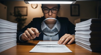 Primer plano de una persona con gafas sujetando una lupa sobre un documento en un escritorio de madera, con pilas de papel y una lámpara de escritorio encima.