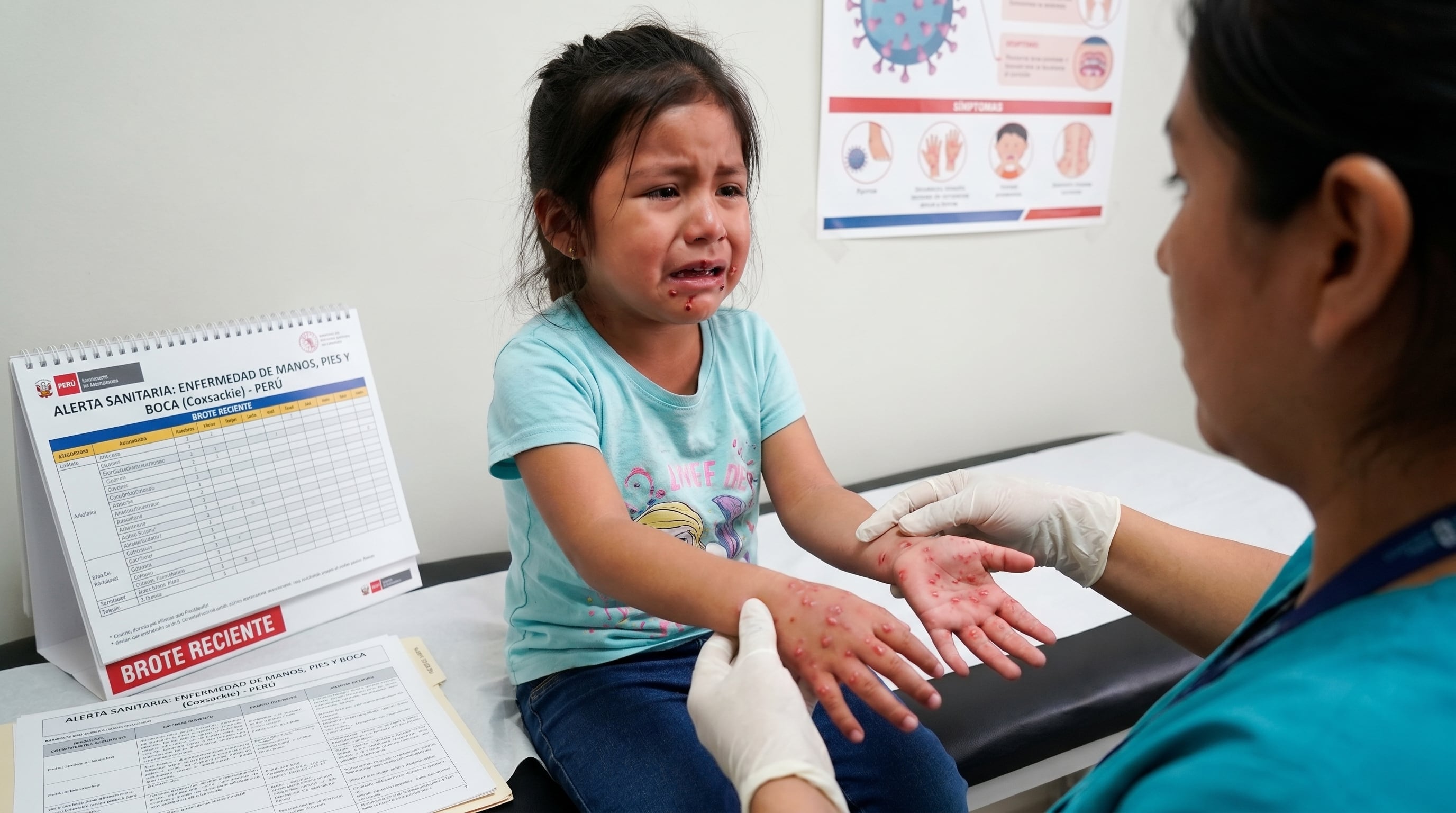 Una niña llora mientras un profesional médico examina las erupciones en sus manos y boca, síntomas del virus Coxsackie, en medio de una alerta sanitaria por brote en Perú. (Imagen Ilustrativa Infobae)