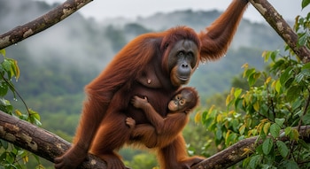 Una madre orangután de Tapanuli de pelaje rojizo se sujeta a una rama gruesa mientras su cría, también rojiza, se aferra a su vientre en un bosque tropical lluvioso y neblinoso.