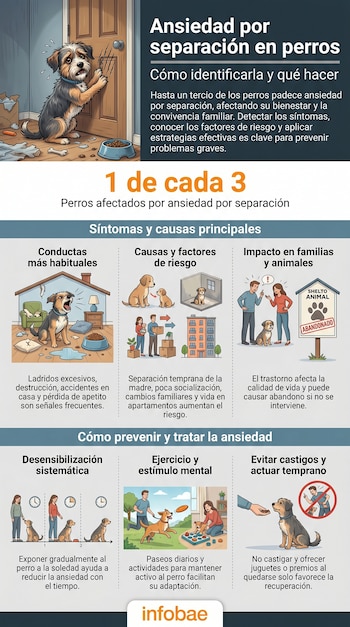Ilustración de un perro pequeño con pelaje gris, blanco y marrón, rascando una puerta de madera con expresión de angustia, rodeado de desorden.
