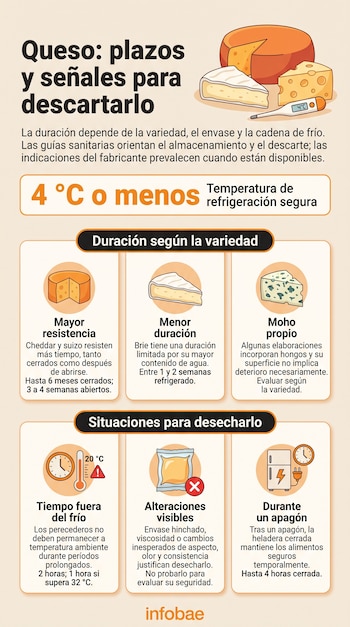 Infografía con ilustraciones de variados quesos, un termómetro digital y recuadros informativos con texto explicativo.