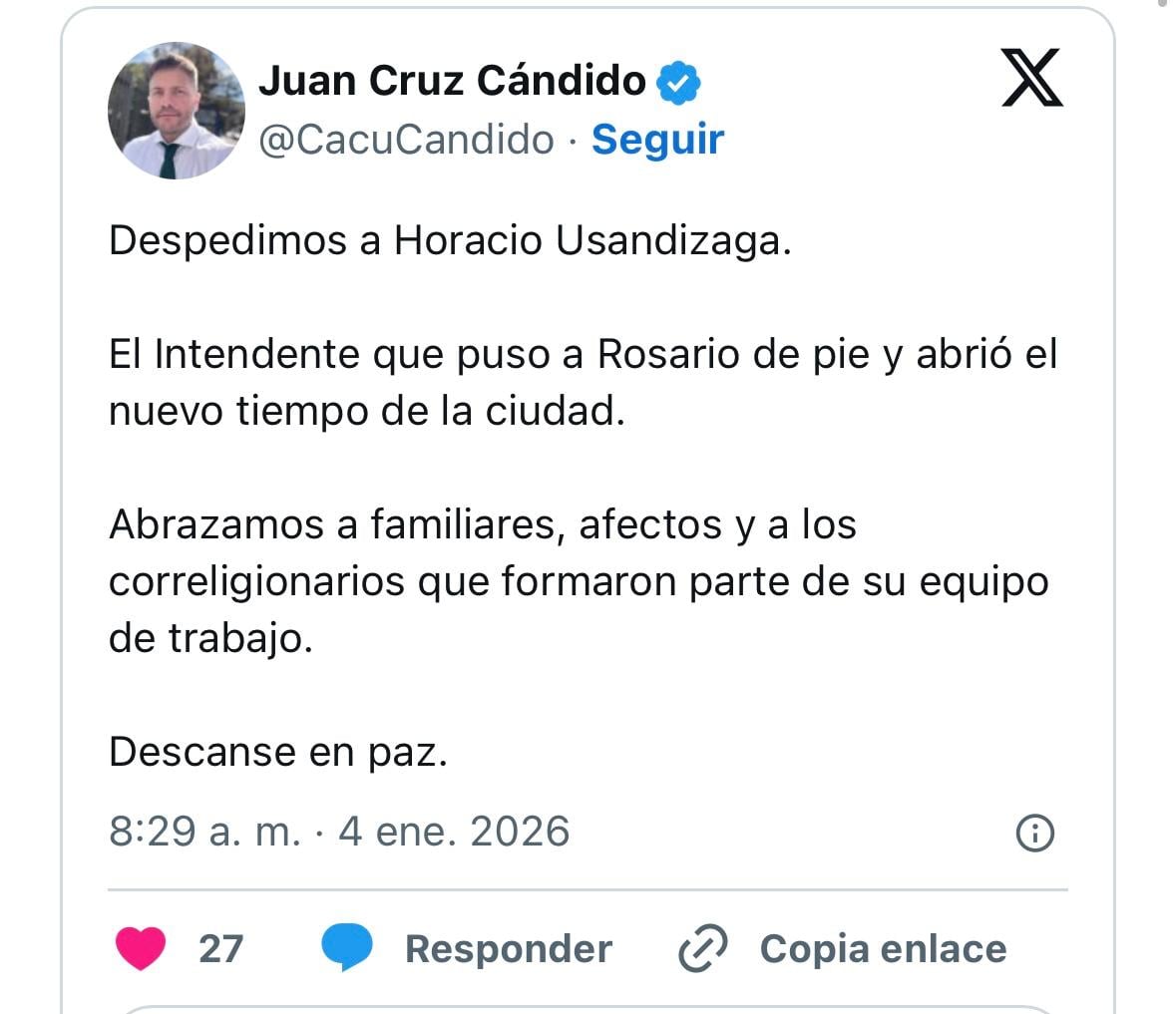 Tuit de Juan Cruz Cándido, Secretario General del gobierno de Santa Fe