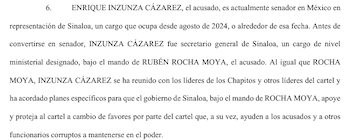 Acusación formal contra el senador Enrique Inzunza.
Crédito: Gobierno de EEUU.