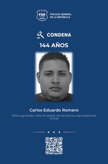 El Tribunal Quinto Contra el Crimen Organizado de San Salvador condenó a 144 años de prisión a Carlos Eduardo Romero por asaltos a furgones en 2021. (Cortesía: Fiscalía General de la República)