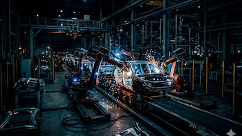 Varios brazos robóticos naranjas realizan tareas de soldadura con chispas sobre la carrocería de un automóvil en una planta industrial