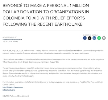 Parkwood Entertainment informó que los fondos de Beyoncé se destinarán a alimentos y suministros de vivienda en Chocó - crédito PR Newswire