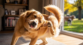 Un perro de pelaje dorado se rasca la oreja con su pata trasera, los ojos cerrados y la lengua fuera. Partículas de polvo brillan en el aire. Al fondo, una estantería y un parque.