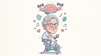 Caricatura de un adulto mayor sonriente con gafas y cabello canoso pedaleando en una bicicleta estática y leyendo un libro. Un cerebro musculoso levanta pesas sobre su cabeza, rodeado de notas musicales, corazones y piezas de rompecabezas.