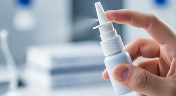 Mano presionando un spray nasal blanco que expulsa una fina neblina en un entorno clínico