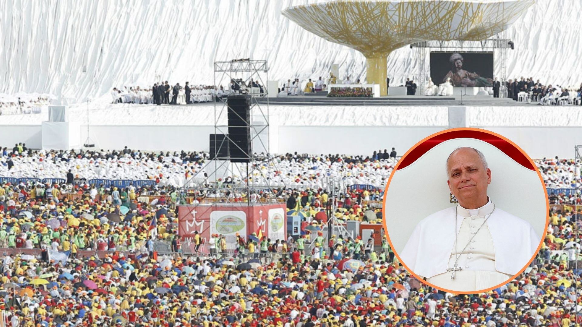 Fotografía de la visita del papa Benedicto XVI a Madrid en 2011, junto a una imagen del actual sumo pontífice, León XIV. (Montaje realizado por Infobae)