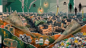 Collage digital de vista aérea de una ciudad india con capas que revelan barriles industriales, plomo, pesticidas, plásticos y siluetas humanas en riesgo.