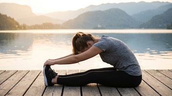 Mujer vista de lado sentada en un muelle de madera, con las piernas extendidas, estirándose para tocar sus pies. El lago y montañas son visibles al fondo.