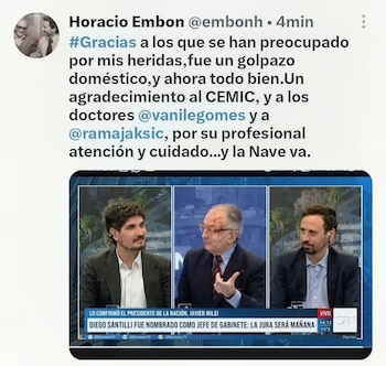 Captura de pantalla de un tweet de Horacio Embón y una pantalla de televisión con tres hombres. El hombre central tiene heridas faciales
