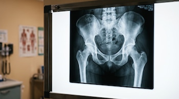 Radiografía de pelvis y caderas sobre un negatoscopio iluminado, con un consultorio médico desenfocado al fondo.