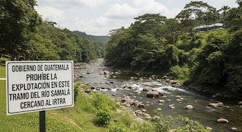 Un cartel blanco con texto negro se alza frente a un río rocoso que corre a través de un valle cubierto de árboles, con edificios en una colina lejana.