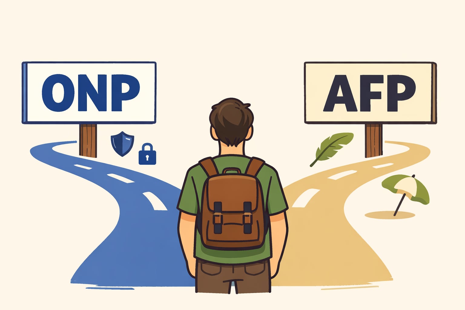 La ilustración muestra a una persona frente a dos caminos, representando la elección entre los sistemas de pensiones ONP y AFP en Perú, con símbolos asociados a seguridad y flexibilidad respectivamente. (Imagen Ilustrativa Infobae)