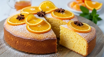 Bizcochuelo de naranja espolvoreado con azúcar, decorado con rodajas de naranja y anís estrella, con una porción cortada. Al fondo, una bebida y naranjas.