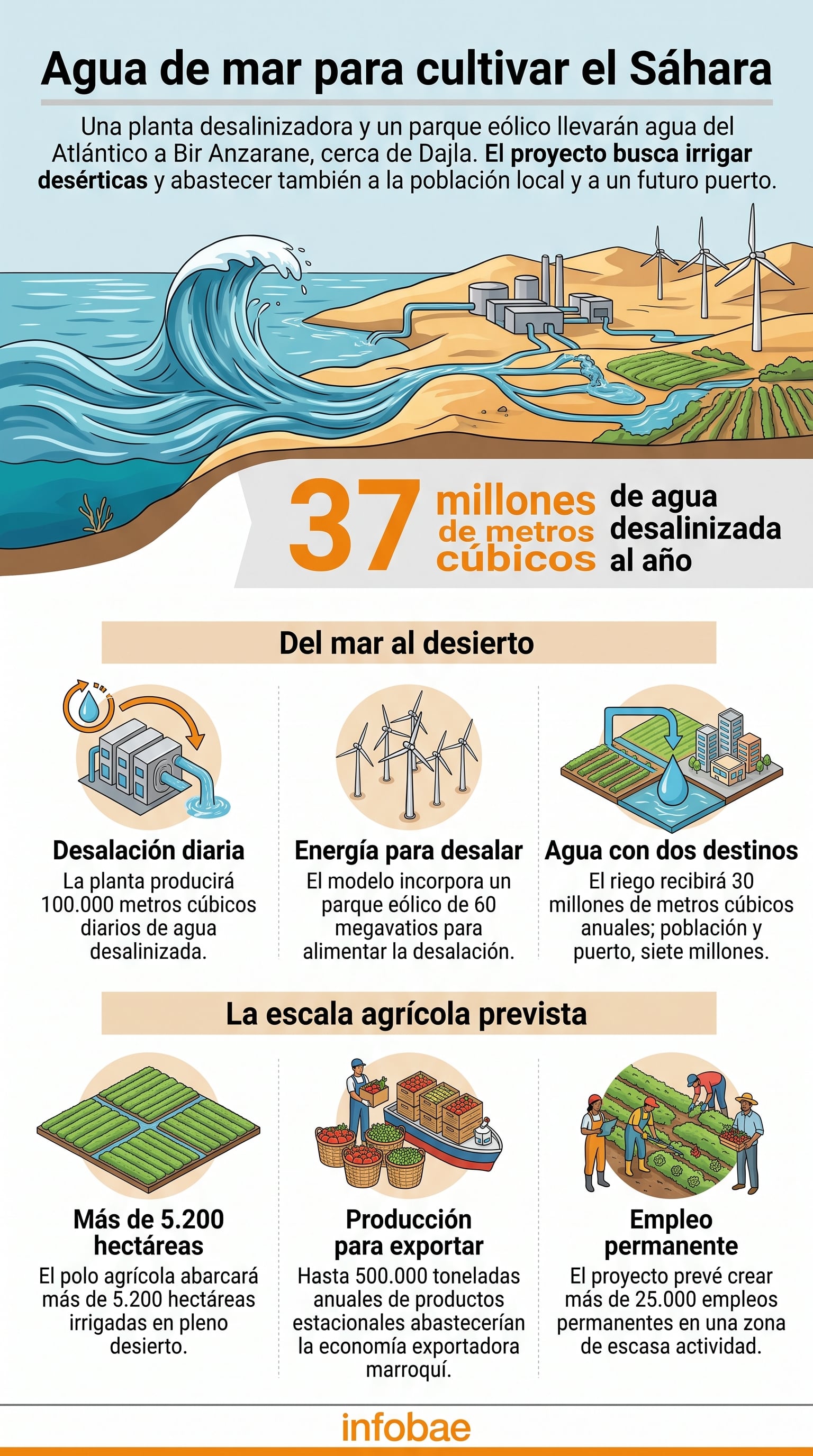 Un proyecto en Dajla combina la desalación de agua de mar y energía eólica para irrigar miles de hectáreas de cultivos agrícolas en el desierto (Imagen Ilustrativa Infobae)
