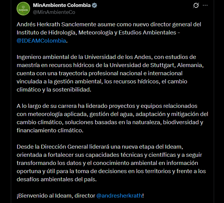 Así fue como el Ministerio de Ambiente presentó al nuevo director del Ideam, Andrés Herkrath Sanclemente - crédito @MinAmbienteCo/X