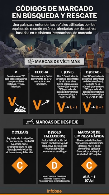 Infografía con texto 'Códigos de Marcado en Búsqueda y Rescate', ilustraciones de cuatro rescatistas en escombros, y siete iconos de marcado con letras y números. Logo de Infobae.