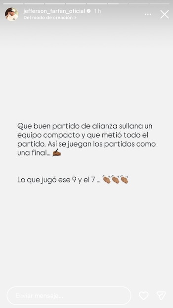 La historia de Jefferson Farfán en su Instagram por la victoria de Alianza Atlético ante Universitario con doblete de Valentín Robaldo y asistencia de Franco Coronel.