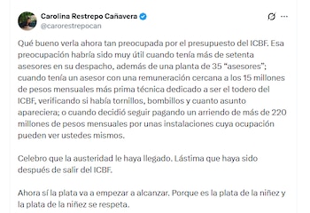 Carolina Restrepo cuestionó los gastos realizados durante la administración anterior y puso bajo la lupa el número de asesores vinculados al despacho de Cáceres - crédito @carorestrepocan/X