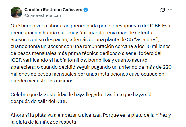 Carolina Restrepo cuestionó los gastos realizados durante la administración anterior y puso bajo la lupa el número de asesores vinculados al despacho de Cáceres - crédito @carorestrepocan/X