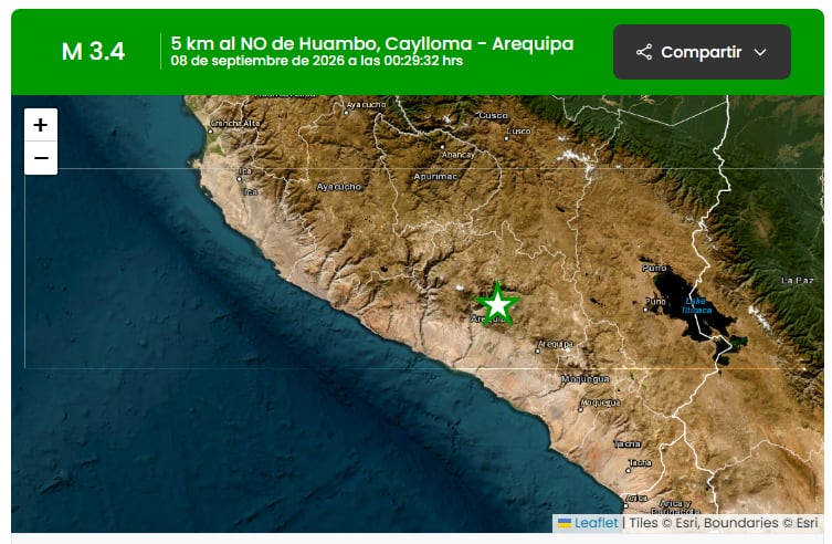 Un mapa del sur del Perú localiza el epicentro de un sismo de magnitud 3,4 ocurrido a 5 kilómetros al noroeste de Huambo, en la provincia de Caylloma, Arequipa. (IGP)