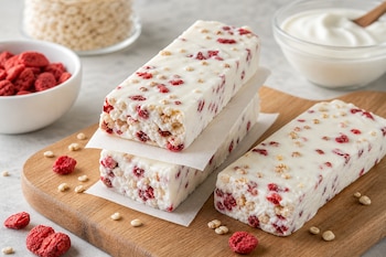 Tres barras de yogur blanco con trozos rojos sobre una tabla de madera, acompañadas de cuencos con yogur y cereales.