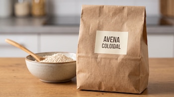 Bolsa de papel de estraza etiquetada como AVENA COLOIDAL junto a un tazón con polvo blanco y una cuchara de madera.