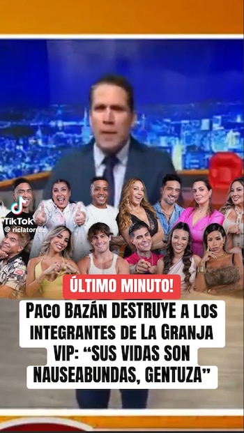 Composición gráfica con el presentador Paco Bazán en un fondo azul, y un grupo de doce personas sonrientes de un reality show en la parte inferior