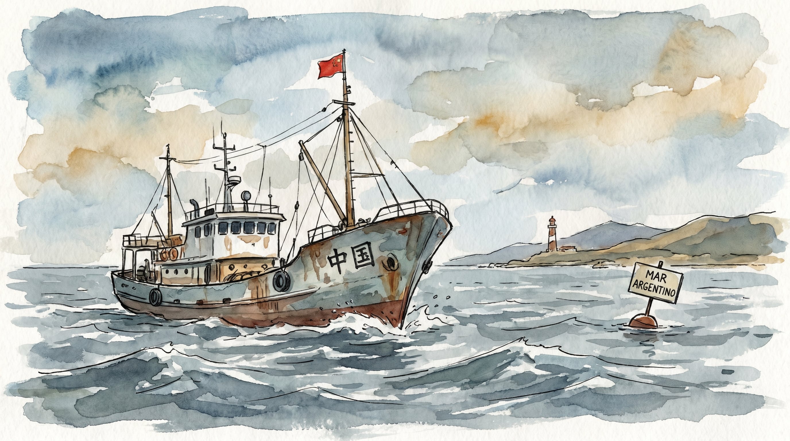Una ilustración que representa un buque pesquero con bandera china y la inscripción