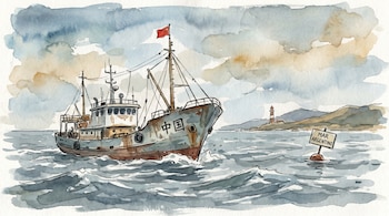 Ilustración acuarela de un buque pesquero chino con bandera roja, navegando en aguas con una boya que lee "Mar Argentino" y un faro lejano en la costa.