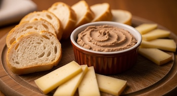 Primer plano de un paté de hígado en un cuenco de cerámica rojo, rodeado de rodajas de pan blanco y rebanadas de queso sobre una tabla de madera.