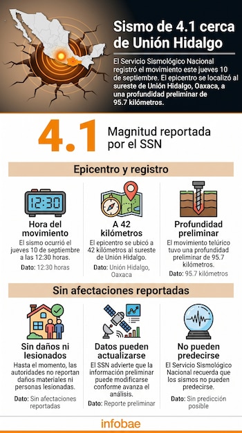 Infografía con un mapa de México, el número 4.1 e íconos de reloj, mapa, taladro, casas, satélite y esfera sobre el sismo en Unión Hidalgo.