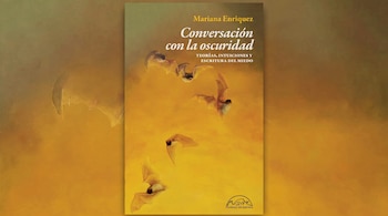 Portada de libro con el título Conversación con la oscuridad, murciélagos sobre fondo ocre y un fondo continuo extendido hacia los lados.