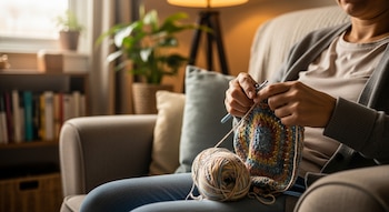 Primer plano de manos tejiendo crochet con un ganchillo y lana de colores en un sillón, con plantas y una estantería de libros difuminadas al fondo.