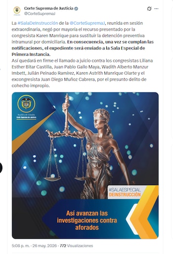 La Corte Suprema de Justicia negó la sustución de detención preventiva intramural por domiciliaria para Karen Manrique - crédito @CorteSupremaJ/X