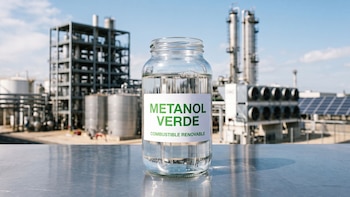Un frasco de vidrio con líquido transparente y una etiqueta de metanol verde sobre una superficie metálica frente a una planta industrial