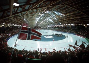 FEB 1994: NORWEGIAN FANS WAVE THEIR FLAGS AT THE 5000M SPEEDSKATE DURING THE1994 LILLEHAMMER WINTER OLYMPICS. Mandatory Credit: Pascal Rondeau/ALLSPORT