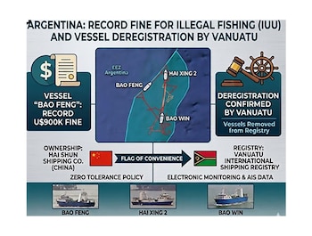 Infografía sobre pesca ilegal mostrando el mapa de la ZEE Argentina, rutas de tres buques pesqueros, detalles de multa, desmatriculación y banderas